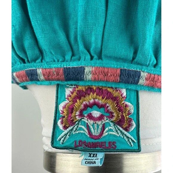 Johnny Was Linen Sentrie Peasant Blouse Floral Embroidered Blue 3/4 Sleeve XXL - Picture 8 of 16